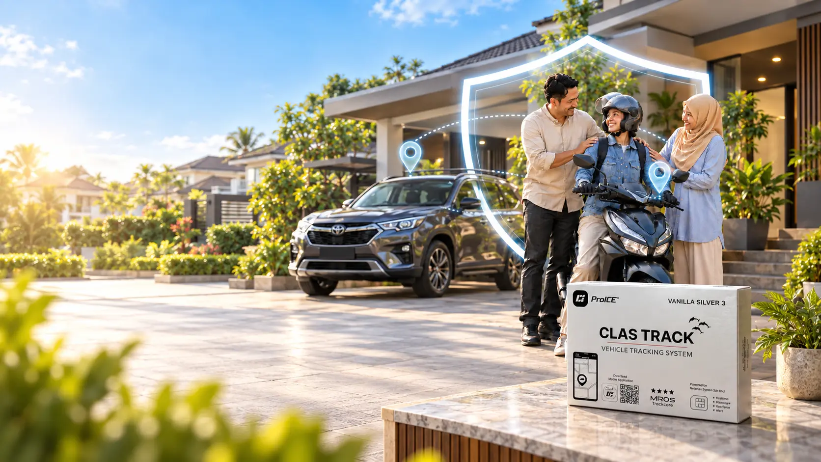 A Malaysian family with their car and motorcycle at home