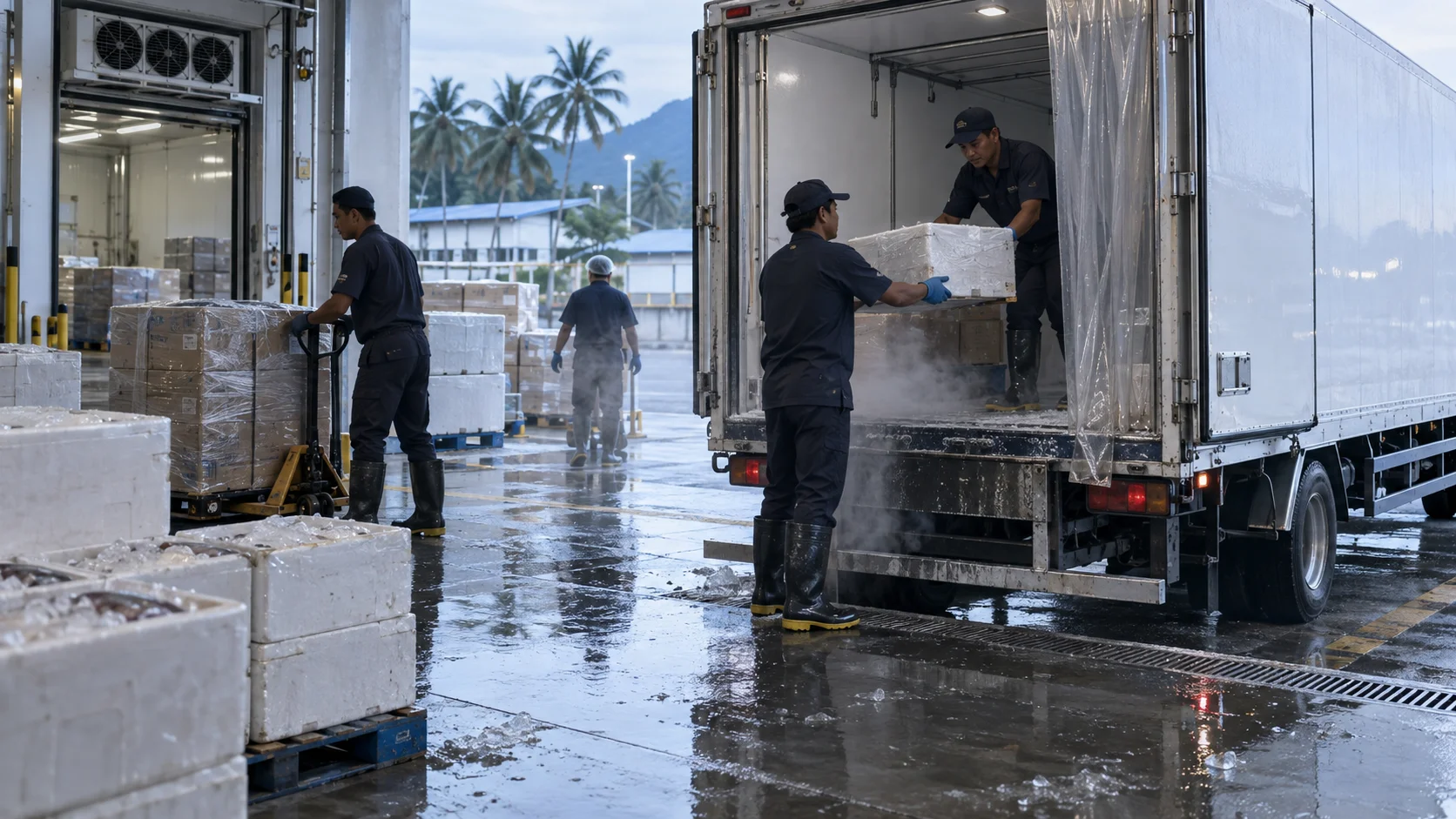 A technician checking a refrigerated commercial vehicle
